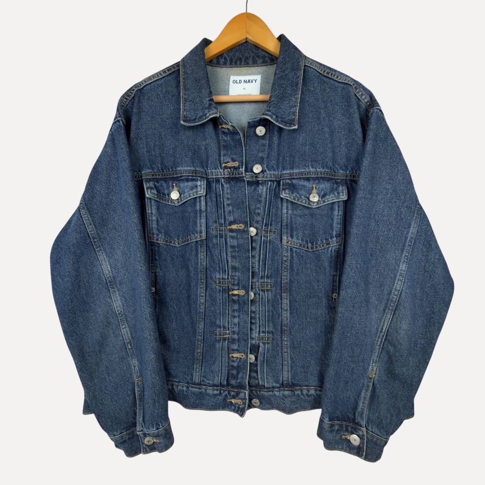 Old Navy Denim Trucker Jacket Women XL Blue Cotton Oversized Jean Coat Wash